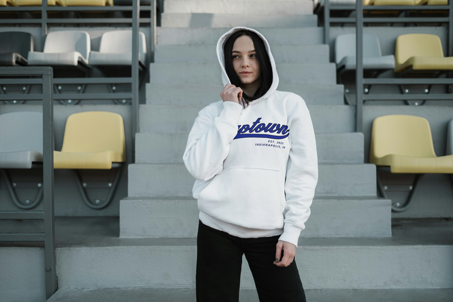 White hoodie with Black and Blue