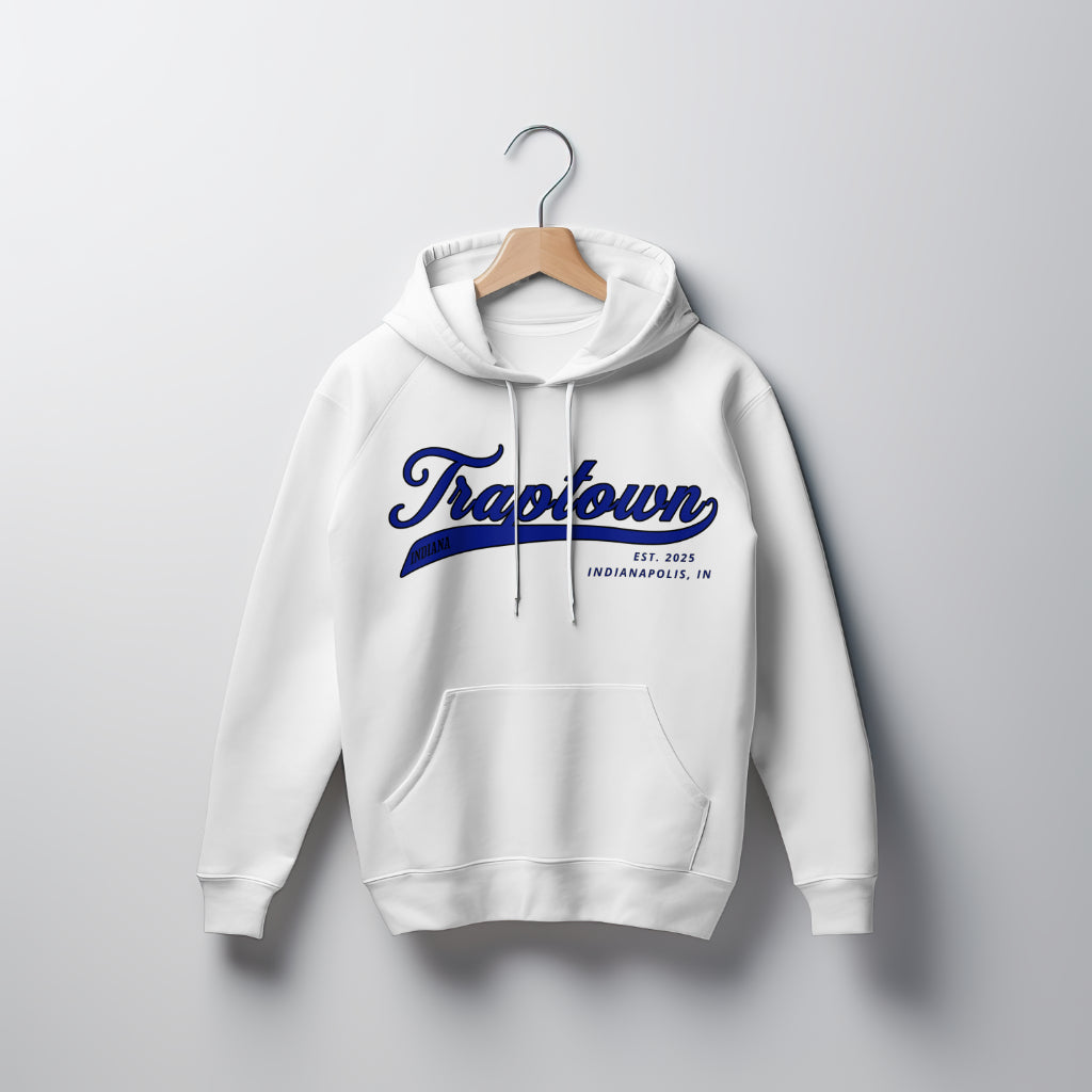 White hoodie with Black and Blue