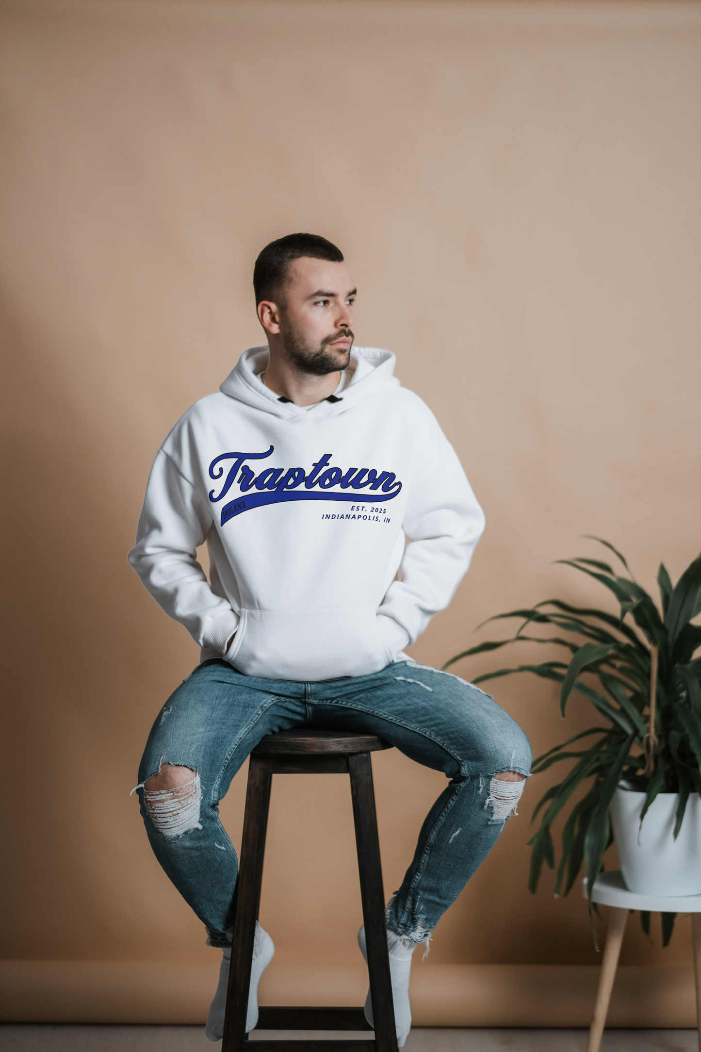 White hoodie with Black and Blue