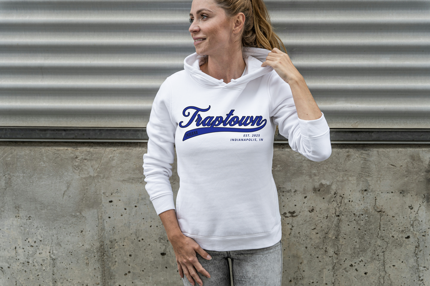 White hoodie with Black and Blue
