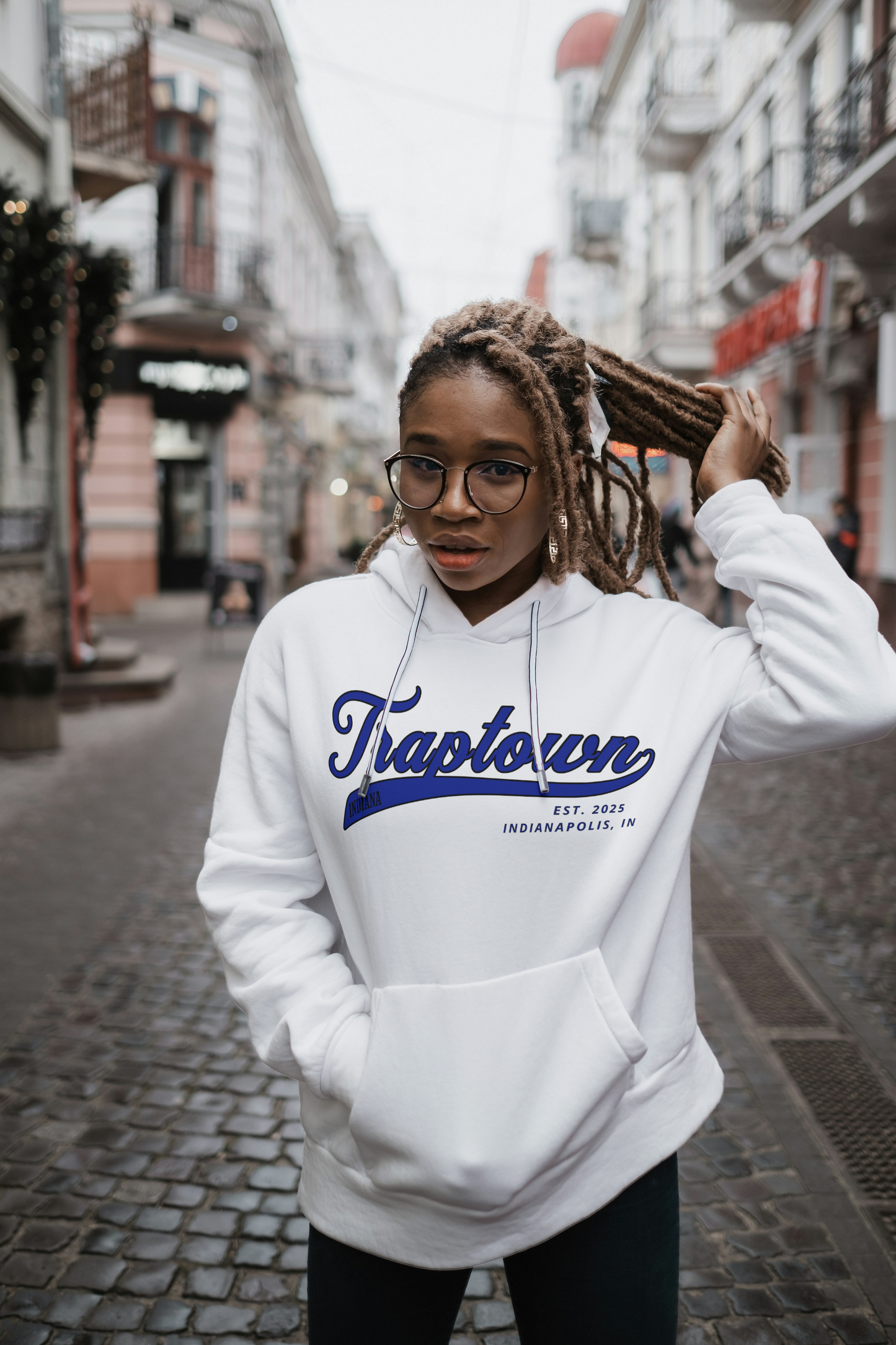 White hoodie with Black and Blue